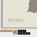 Landkarte von Spanien- & Portugal als Pinnwand Leinwand in Warmgray mit Personalisierung und Namen in einer modernen Schreibschrift