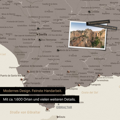 Spanien- & Portugal Landkarte in Warmgray als Leinwand zum Pinnen zeigt einen Ausschnitt der Costa del Sol mit vielen Details wie Nationalparks, Flüssen und zahlreichen kleinen Orten und Städten, die mit Pins markiert sind