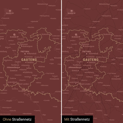 Südafrika-Karte TRAVEL® Pinn-Leinwand – Bordeaux Rot
