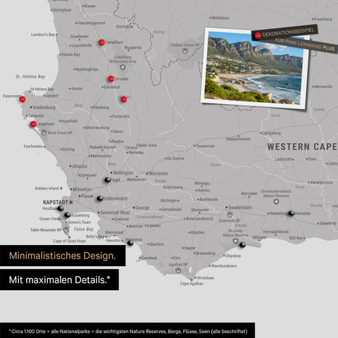 Detail of a South Africa map as a Push Pin Map in a minimalist design and Coolgray color (light gray), showing travel destinations marked with pins in the region around Cape Town. Photos can also be attached to the Push Pin Map.