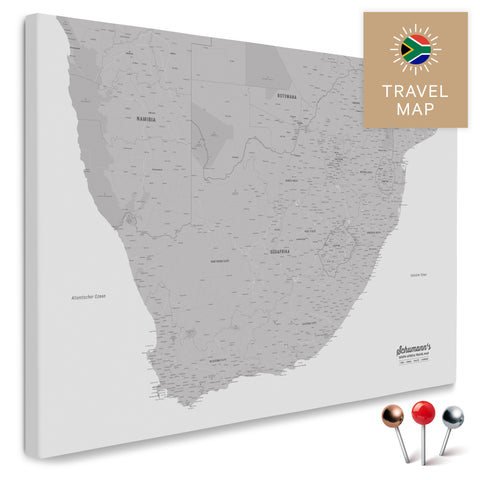South Africa map in Coolgray color (light gray) as a Push Pin Map, with pins to mark travel destinations, high-quality made in Germany.