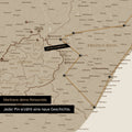 Südafrika-Karte in Farbe Desert Sand (Beige) mit Pins und Garn, die Reiseziele und die Reiseroute in Lesotho und Kwazulu-Natal absteckt.