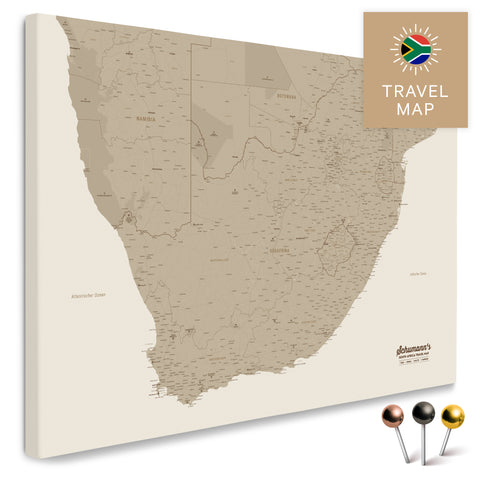 Südafrika-Landkarte in Farbe Desert Sand (Beige) als Pinn-Leinwand, mit Pins zur Markierung von Reisezielen, hochwertig in Deutschland gefertigt.
