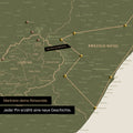 South Africa map in olive green color with pins and string marking travel destinations and the travel route in Lesotho and KwaZulu-Natal.