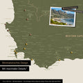 Detail of a South Africa map as a Push Pin Map in a minimalist design and olive green color, showing travel destinations marked with pins in the region around Cape Town. Photos can also be attached to the Push Pin Map.