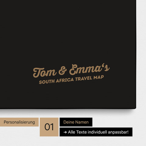 Südafrika-Karte als Pinn-Leinwand in Sonar Black (Schwarz-Gold) mit Personalisierung und Eindruck mit deinem Namen