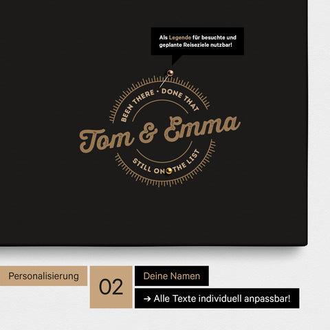 Südafrika-Karte als Pinn-Leinwand in Sonar Black (Schwarz-Gold) mit einem runden Logo als Personalisierung