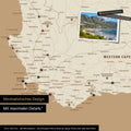 Detail einer Südafrika Landkarte als Pinn-Leinwand im minimalstischen Design und Farbe Treasure Gold, die mit Pins markierte Reiseziele in der Region rund um Kapstadt zeigt. Auf der Pinn-Leinwand können auch Fotos befestigt werden.