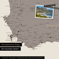 Detail einer Südafrika Landkarte als Pinn-Leinwand im minimalstischen Design und Farbe Warmgray (Braun-Grau), die mit Pins markierte Reiseziele in der Region rund um Kapstadt zeigt. Auf der Pinn-Leinwand können auch Fotos befestigt werden.
