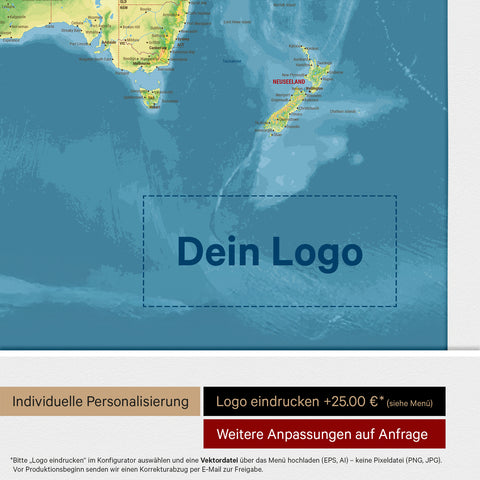 Weltkarte mit Antarktis als Pinn-Leinwand in Oliv-Grün, auf die ein Firmenlogo eingedruckt werden kann und weitere Individualisierungen als Sonderanfertigung vorgenommen werden können