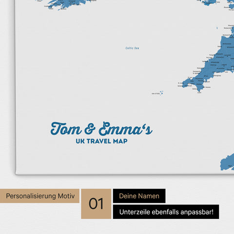 UK-Karte Pinn-Leinwand in Farbe Blau mit personalisiertem Text