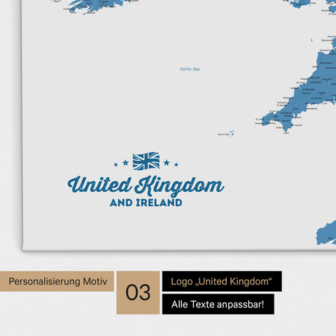 Karte von Großbritannien in Farbe Blau als Leinwand zum Pinnen mit einer optionalen Personalisierung „United Kingdom“