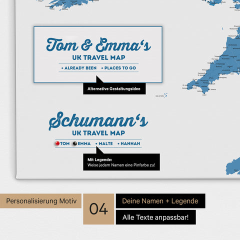 England-Karte als Leinwand zum Pinnen in Farbe Blau mit Personalisierung in Form eines Logos für Familiennamen