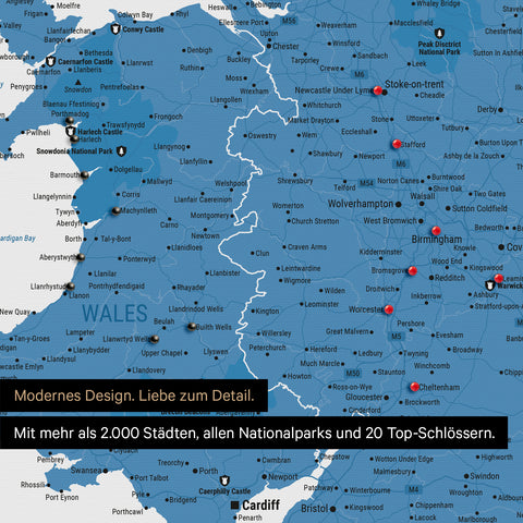 Ausschnitt einer Landkarte von Wales und England in Farbe Blau mit Pins zur Markierung von besuchten Reisezielen