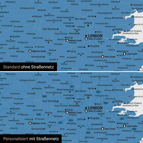 Vergleich einer England-Karte in Farbe Blau mit und ohne Straßennetz