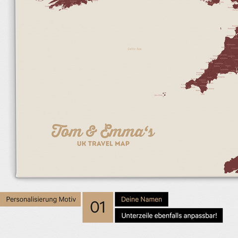 UK-Karte Pinn-Leinwand in Farbe Bordeaux Rot mit personalisiertem Text