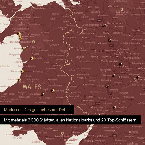 Ausschnitt einer Landkarte von Wales und England in Farbe Bordeaux Rot mit Pins zur Markierung von besuchten Reisezielen