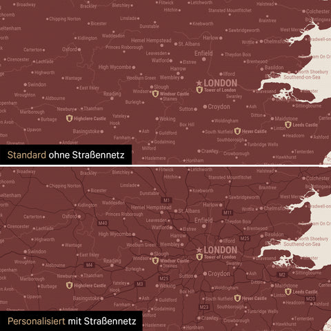 Vergleich einer England-Karte in Farbe Bordeaux Rot mit und ohne Straßennetz