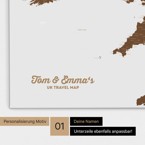 UK-Karte Pinn-Leinwand in Farbe Braun mit personalisiertem Text