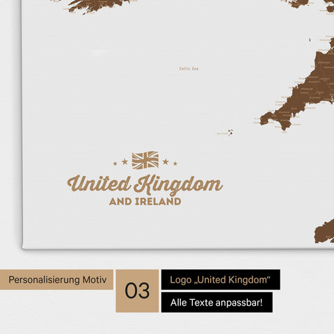 Karte von Großbritannien in Farbe Braun als Leinwand zum Pinnen mit einer optionalen Personalisierung „United Kingdom“