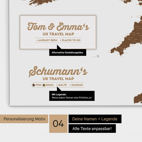 England-Karte als Leinwand zum Pinnen in Farbe Braun mit Personalisierung in Form eines Logos für Familiennamen
