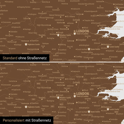 Vergleich einer England-Karte in Farbe Braun mit und ohne Straßennetz