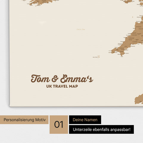 UK-Karte Pinn-Leinwand in Farbe Bronze mit personalisiertem Text