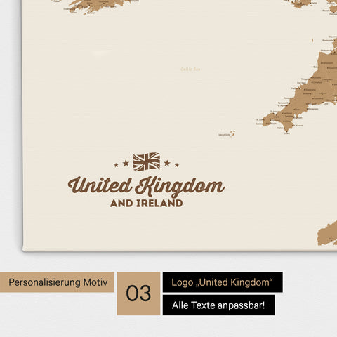 Karte von Großbritannien in Farbe Bronze als Leinwand zum Pinnen mit einer optionalen Personalisierung „United Kingdom“