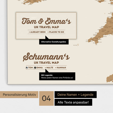 England-Karte als Leinwand zum Pinnen in Farbe Bronze mit Personalisierung in Form eines Logos für Familiennamen