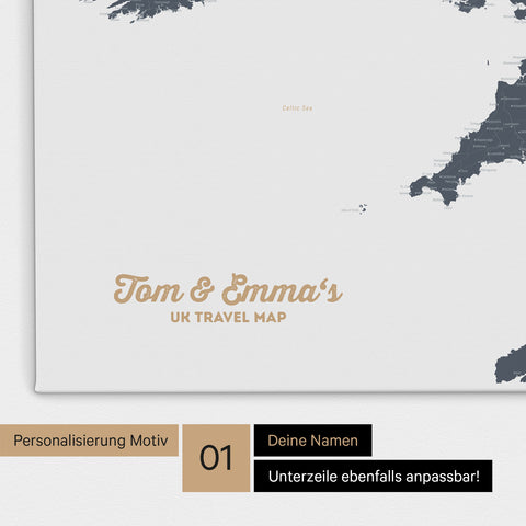 UK-Karte Pinn-Leinwand in Farbe Denim Blue mit personalisiertem Text