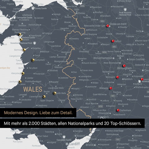 Ausschnitt einer Landkarte von Wales und England in Farbe Denim Blue mit Pins zur Markierung von besuchten Reisezielen
