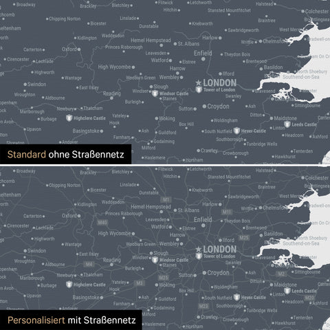 Vergleich einer England-Karte in Farbe Denim Blue mit und ohne Straßennetz