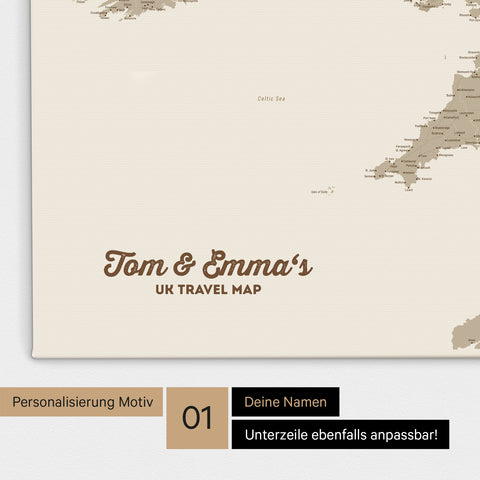 UK-Karte Pinn-Leinwand in Farbe Desert Sand mit personalisiertem Text