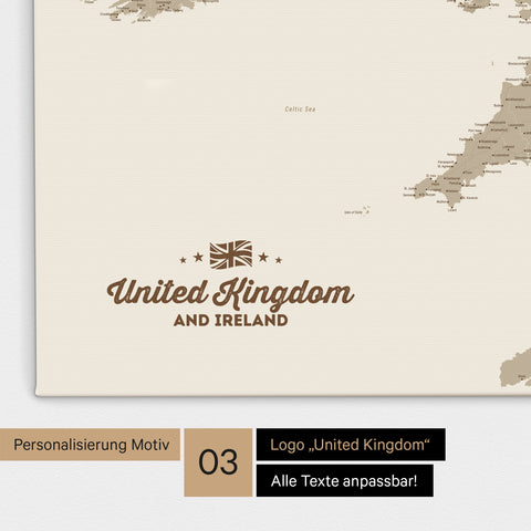 Karte von Großbritannien in Farbe Desert Sand als Leinwand zum Pinnen mit einer optionalen Personalisierung „United Kingdom“