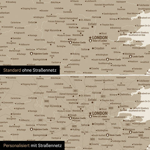 Vergleich einer England-Karte in Farbe Desert Sand mit und ohne Straßennetz