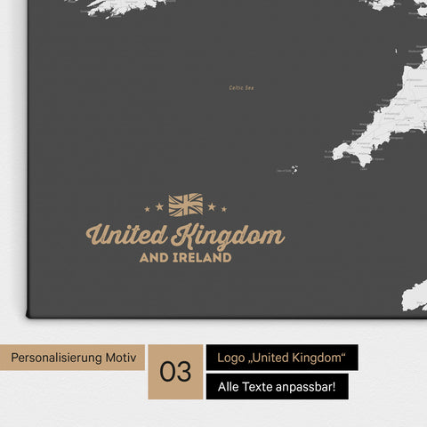 Karte von Großbritannien in Farbe Dunkelgrau als Leinwand zum Pinnen mit einer optionalen Personalisierung „United Kingdom“