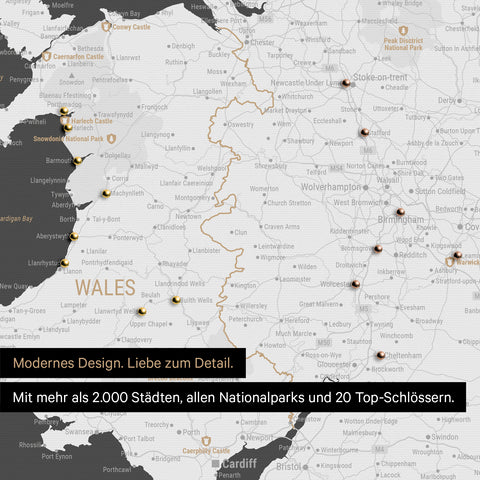 Ausschnitt einer Landkarte von Wales und England in Farbe Dunkelgrau mit Pins zur Markierung von besuchten Reisezielen