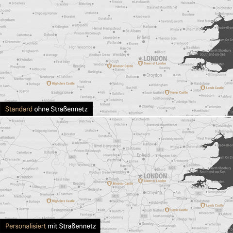 Vergleich einer England-Karte in Farbe Dunkelgrau mit und ohne Straßennetz
