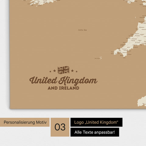 Karte von Großbritannien in Farbe Treasure Gold (Gold-Beige) als Leinwand zum Pinnen mit einer optionalen Personalisierung „United Kingdom“