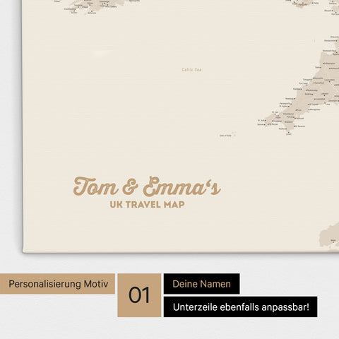 UK-Karte Pinn-Leinwand in Farbe Gold Beige mit personalisiertem Text