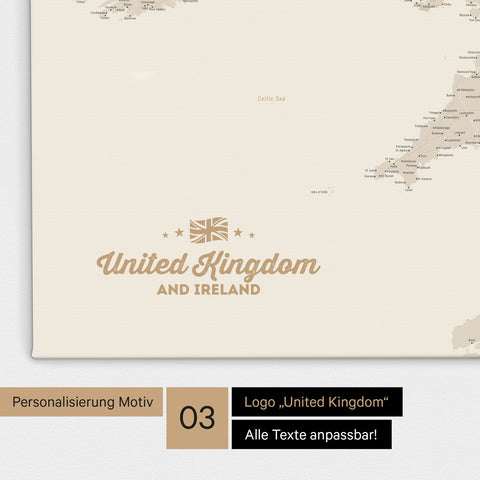Karte von Großbritannien in Farbe Gold Beige als Leinwand zum Pinnen mit einer optionalen Personalisierung „United Kingdom“