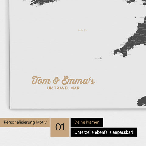 UK-Karte Pinn-Leinwand in Farbe Light Gray mit personalisiertem Text