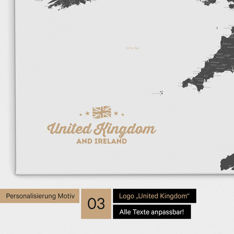 Karte von Großbritannien in Farbe Light Gray als Leinwand zum Pinnen mit einer optionalen Personalisierung „United Kingdom“