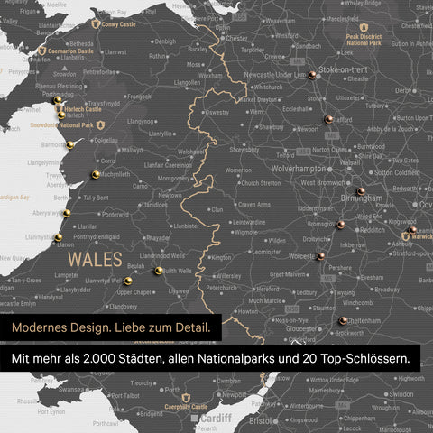Ausschnitt einer Landkarte von Wales und England in Farbe Light Gray mit Pins zur Markierung von besuchten Reisezielen