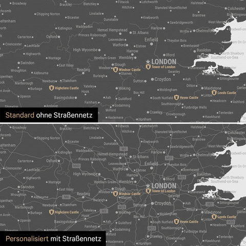 Vergleich einer England-Karte in Farbe Light Gray mit und ohne Straßennetz