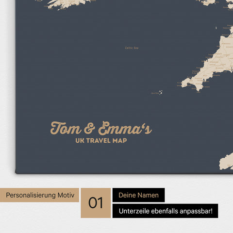 UK-Karte Pinn-Leinwand in Farbe Hale Navy (Dunkelblau-Gold) mit personalisiertem Text