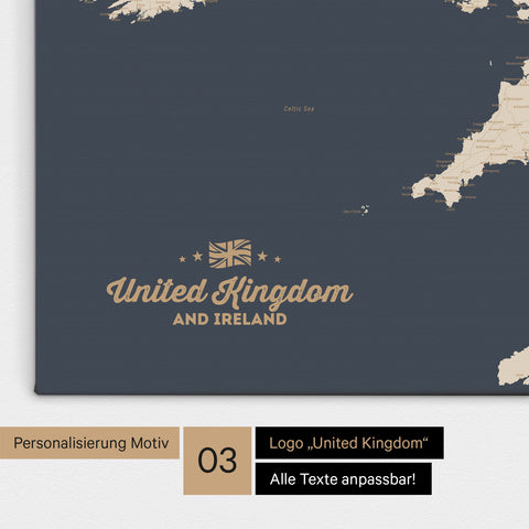Karte von Großbritannien in Farbe Hale Navy (Dunkelblau-Gold) als Leinwand zum Pinnen mit einer optionalen Personalisierung „United Kingdom“