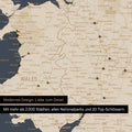 Ausschnitt einer Landkarte von Wales und England in Farbe Hale Navy (Dunkelblau-Gold) mit Pins zur Markierung von besuchten Reisezielen
