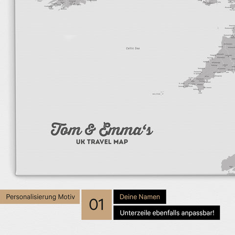 UK-Karte Pinn-Leinwand in Farbe Coolgray (Hellgrau) mit personalisiertem Text