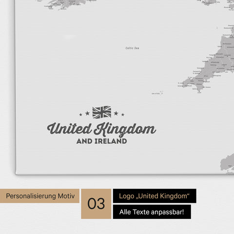 Karte von Großbritannien in Farbe Coolgray (Hellgrau) als Leinwand zum Pinnen mit einer optionalen Personalisierung „United Kingdom“